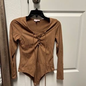 Suede tan long sleeve bodysuit